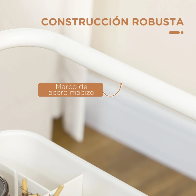 HOMCOM Carrito Auxiliar con Ruedas Carro de Almacenaje Multifuncional con Ganchos y Cajas Colgantes 42x38x86,5 cm Blanco