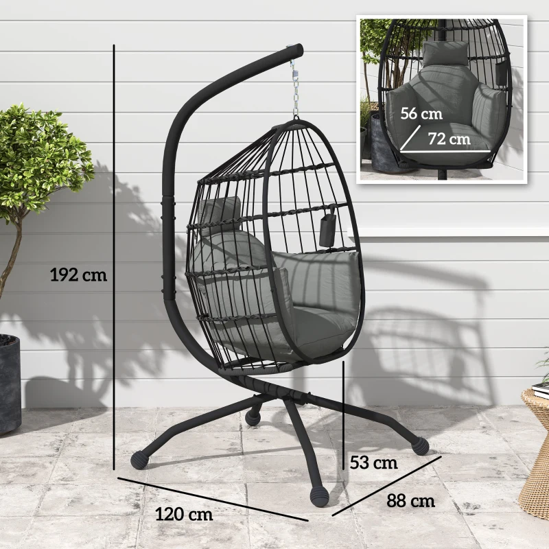 Outsunny Buitenhangstoel met inklapbare korfzitting en dikke kussens, standaard, hoofdsteun, bekerhouder, Zwart