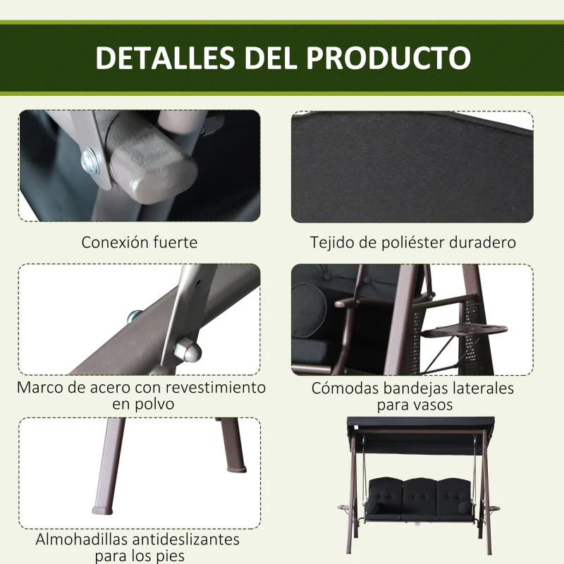 Outsunny Columpio de Jardín Exteriorde 3 Plazas con Toldo Ajustable Bandejas Laterales y 2 Almohadas 208x121x172 cm Negro