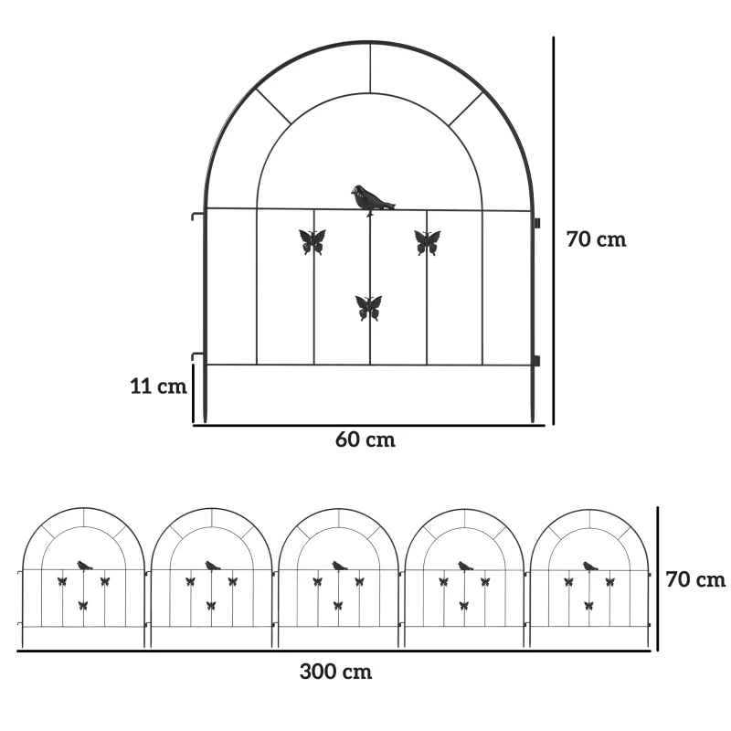 Outsunny Gartenzaun Zaun Stahl 300 cm x 70 cm hoch Dekorativer Gitterzaun Set Zaunelemente Schwarz