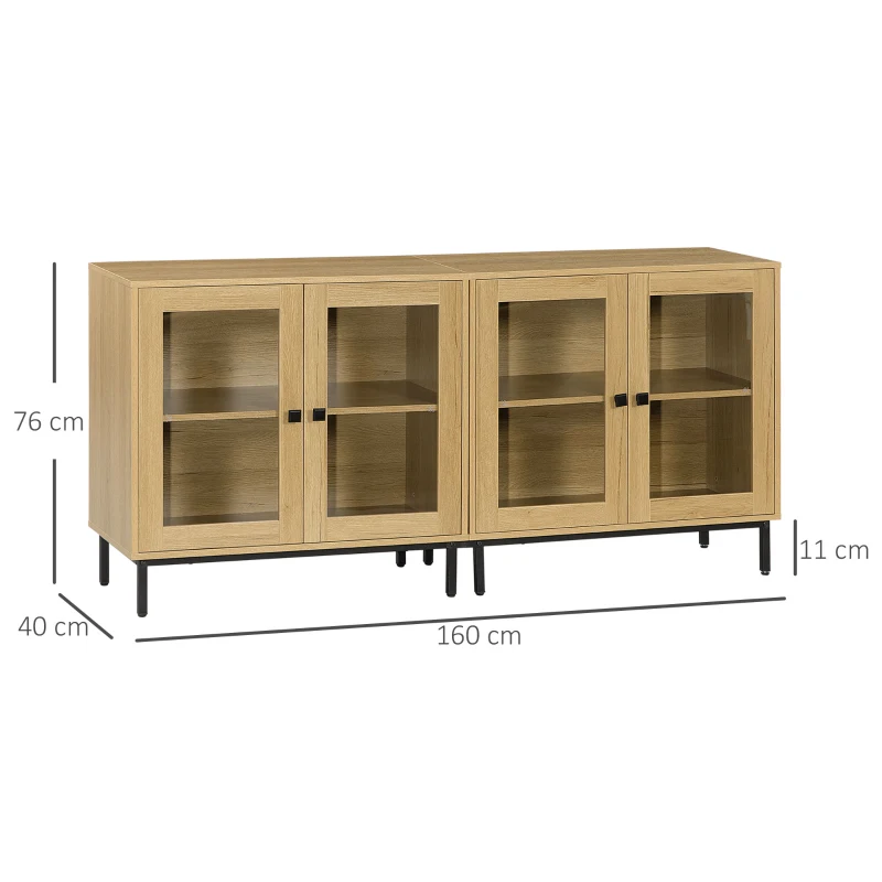 HOMCOM Juego de 2 Aparadores para Salón con Puertas de Vidrio y Patas de Metal para Comedor Dormitorio 160x40x76cm Roble