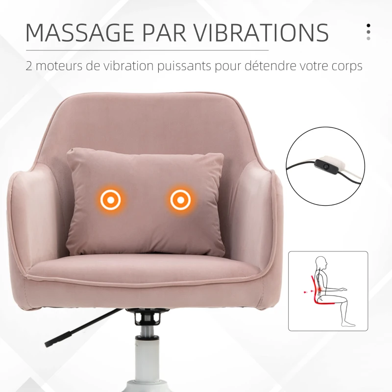 HOMCOM Chaise de bureau velours fauteuil bureau massant coussin lombaire intégré hauteur réglable pivotante 360° rose poudré