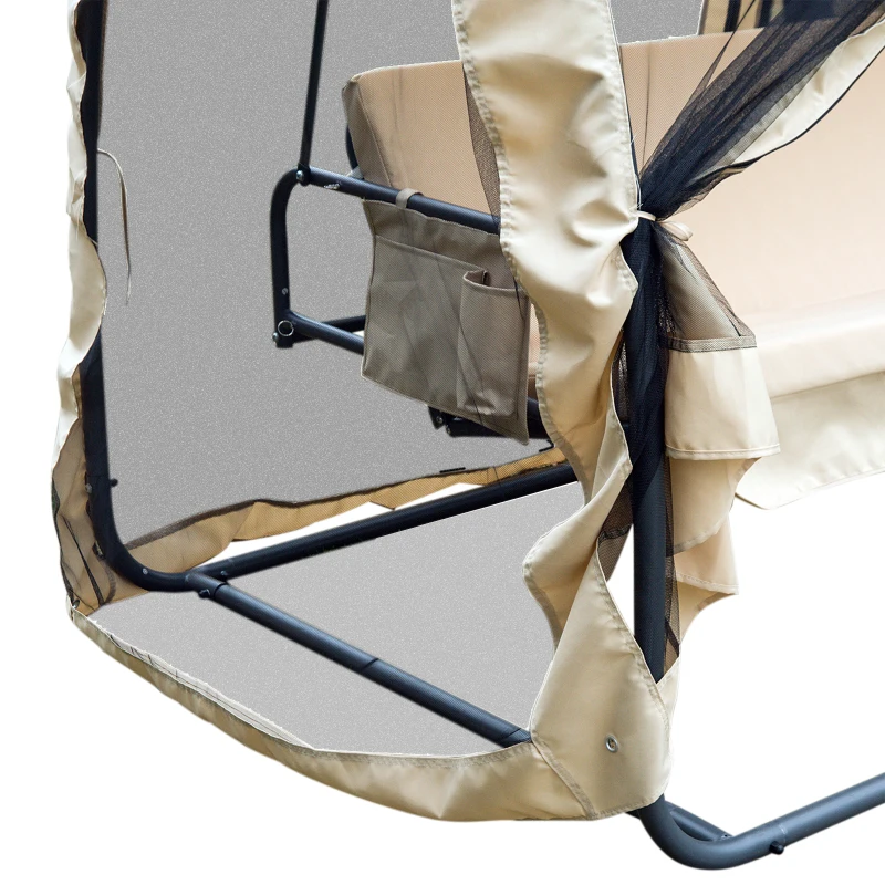 Outsunny Balancelle de Jardin Convertible 3 Places Grand Confort : Matelas Assise Dossier, moustiquaire intégrale zippée avec Toit, Pochette Rangement métal époxy Polyester Beige