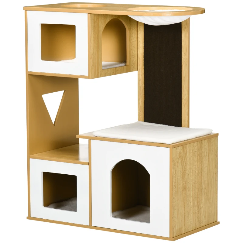 PawHut Árbol Rascador para Gatos con 3 Casetas de Madera Cojines Lavables Tabla de Rascado y Hamaca 76x37x92,5 cm Roble