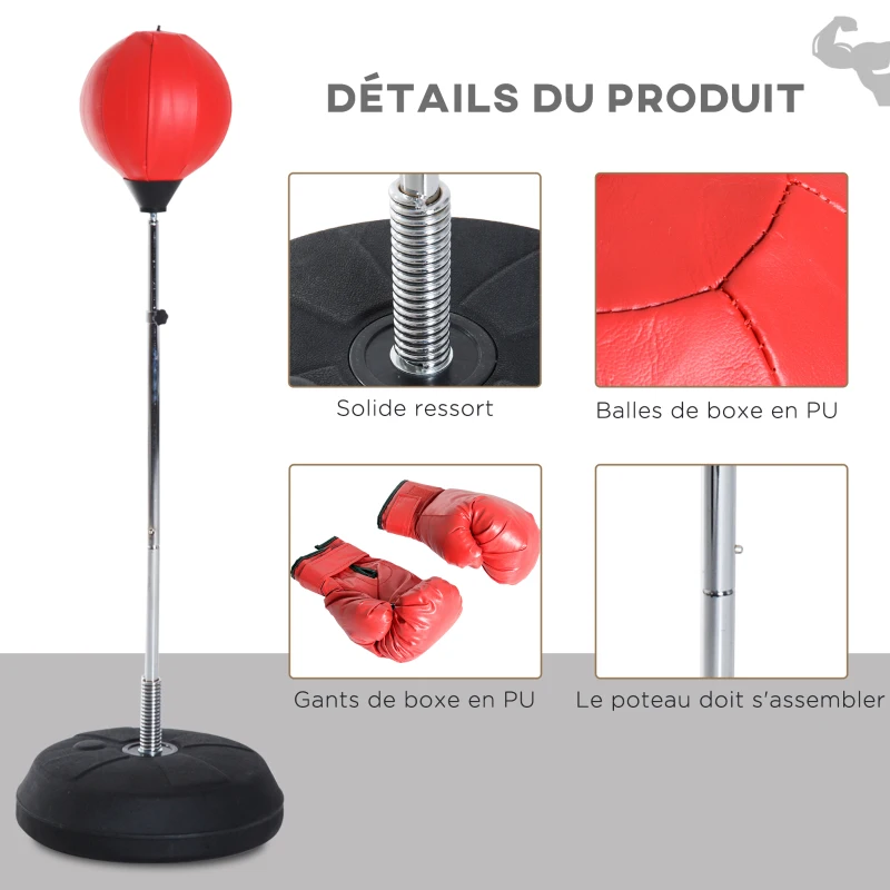 HOMCOM Sac de Frappe sur Pied Punching ball sur pied réglable en hauteur 126-144 cm avec gants, pompe et base de lestage pour enfants et débutants rouge