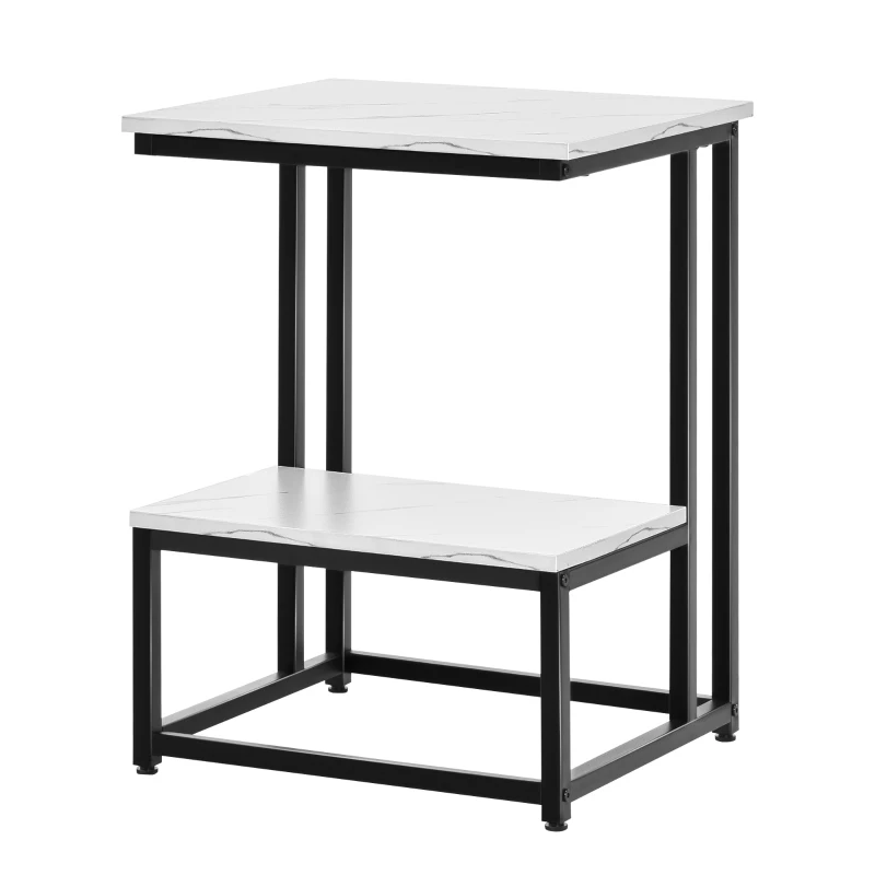HOMCOM Mesa Auxiliar para Salón Mesa Lateral con 2 Estantes de Almacenaje y Estructura de Acero Superficie Imitación Mármol Estilo Moderno 45x40x61,5 cm Blanco