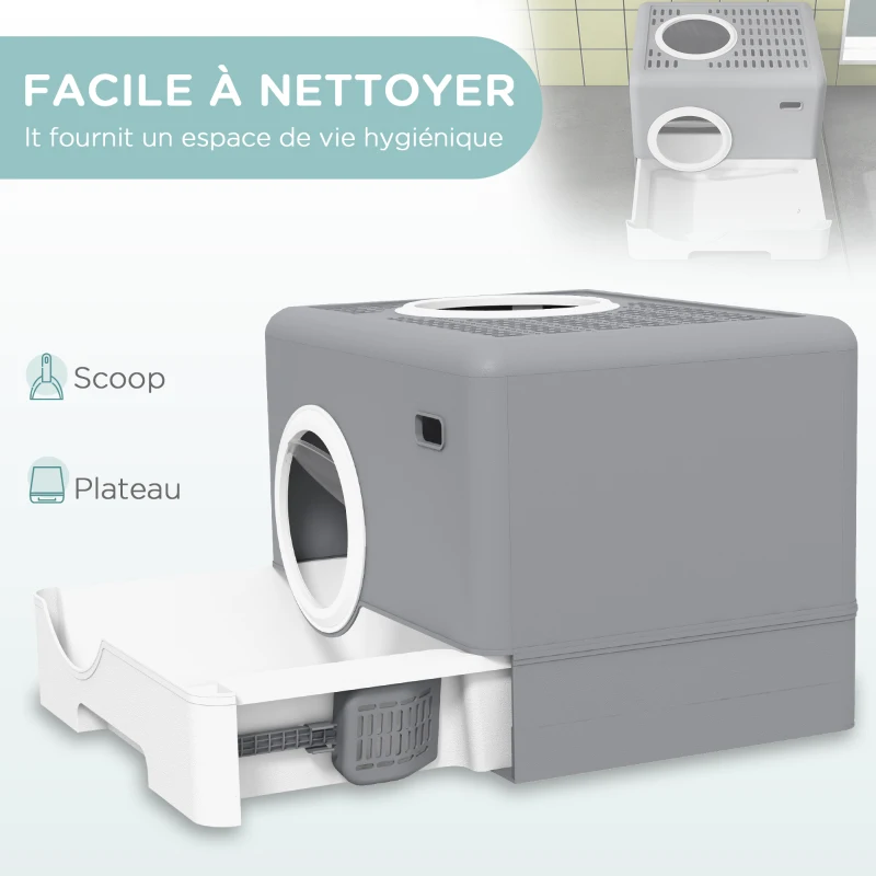 PawHut Bac à litière pour chat maison de toilette litière à chat double porte battante et supérieure 52 x 41 x 38,5 cm gris