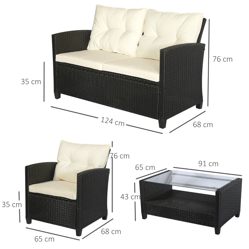 Outsunny Set Mobili da Giardino 4 Pezzi in Rattan PE e Tavolino, Divano e Poltrone Imbottiti Nero e Beige 124x68x76cm
