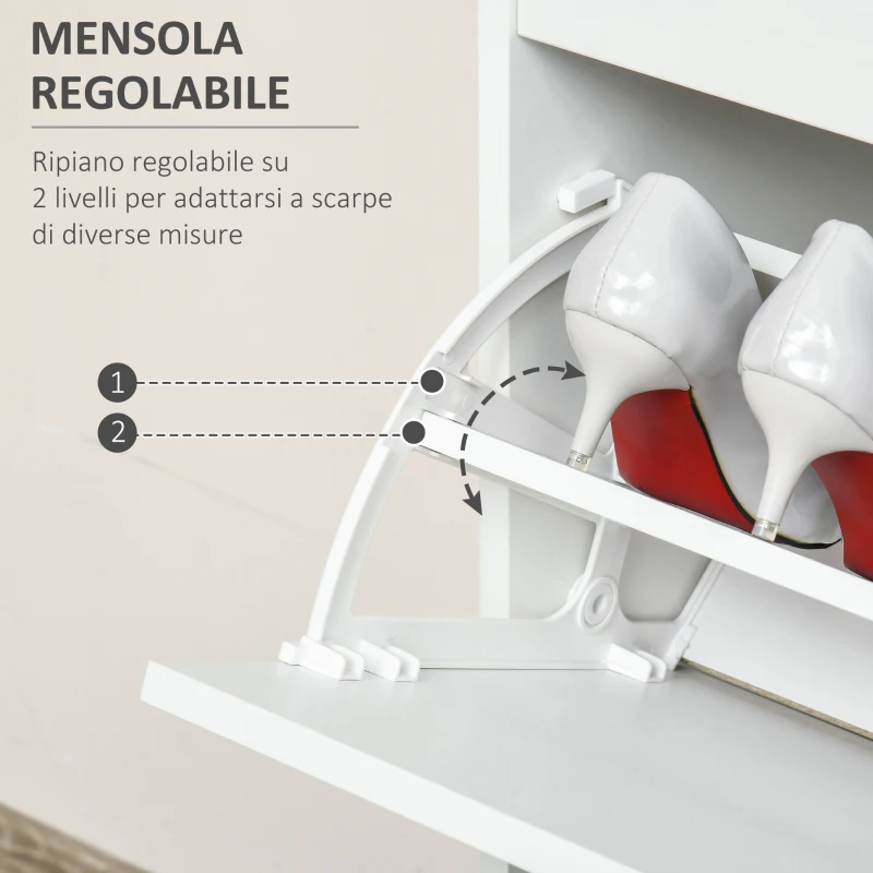 HOMCOM Scarpiera Moderna in Legno, 2 Cassetti con Mensola Regolabile per 16 Scarpe e Cassetto Piccolo, 70x29x92cm, Bianco