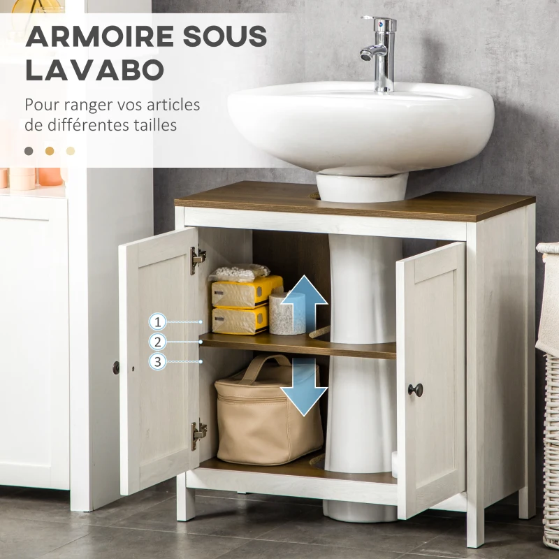 kleankin Meuble sous lavabo meuble de salle de bain 2 portes avec étagère 60 x 30 x 60 cm blanc et aspect bois