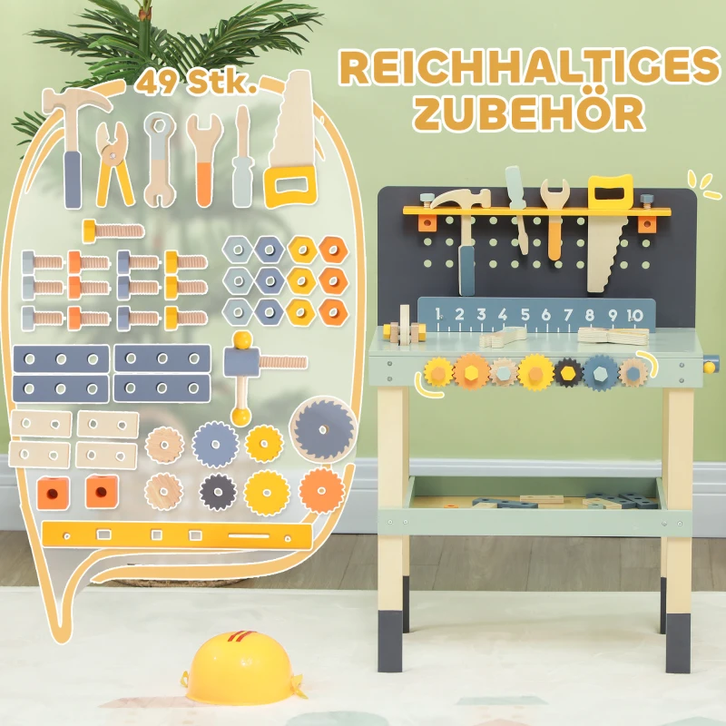 AIYAPLAY Spielwerkbank, mit Werkzeug-Set, robust, für 3-6 Jahre, 58 x 31 x 77,5 cm, Hellblau
