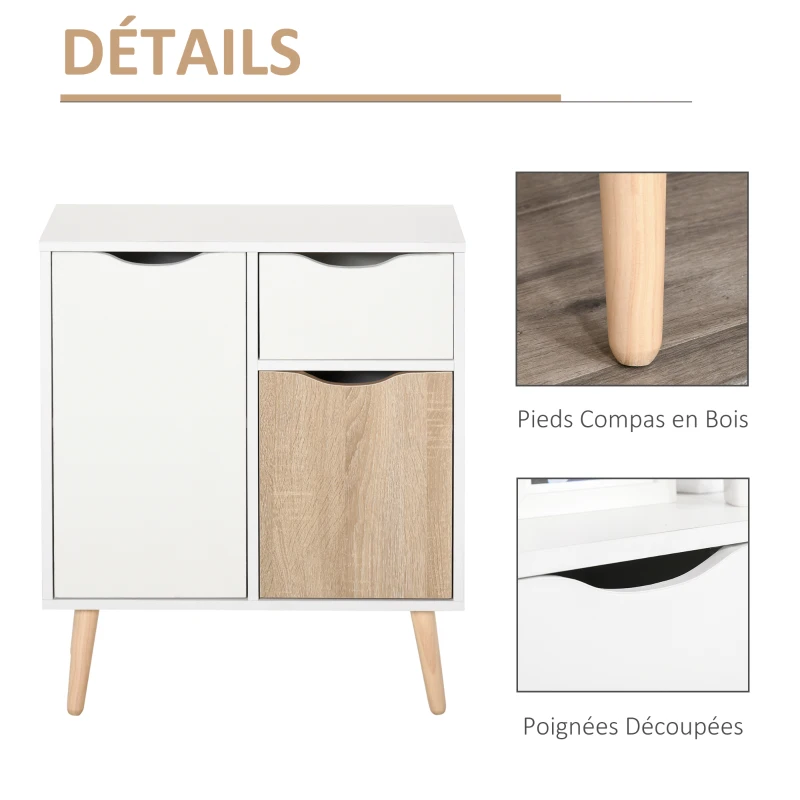 HOMCOM Buffet Meuble de Rangement Design scandinave 2 placards tiroir Coulissant Bois Blanc chêne Clair