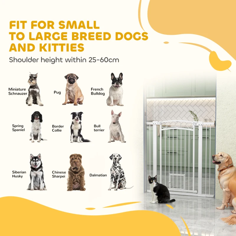 PawHut 106cm Tall Dog Gate with Cat Door, 7cm and 14cm Extensions, for Stairs, Doorways, 76-104cm Width