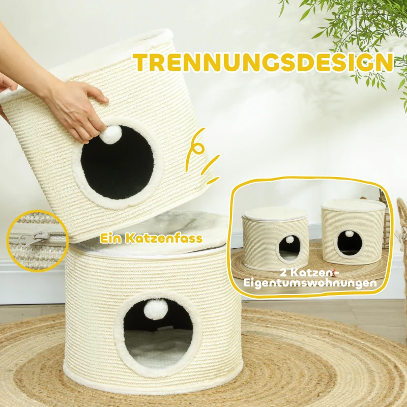 PawHut Kratztonne, 3 Ebenen, mit Kissen, Kratzmatte, Spielbällen, Katzenhaus für Innenbereich, Cremeweiß