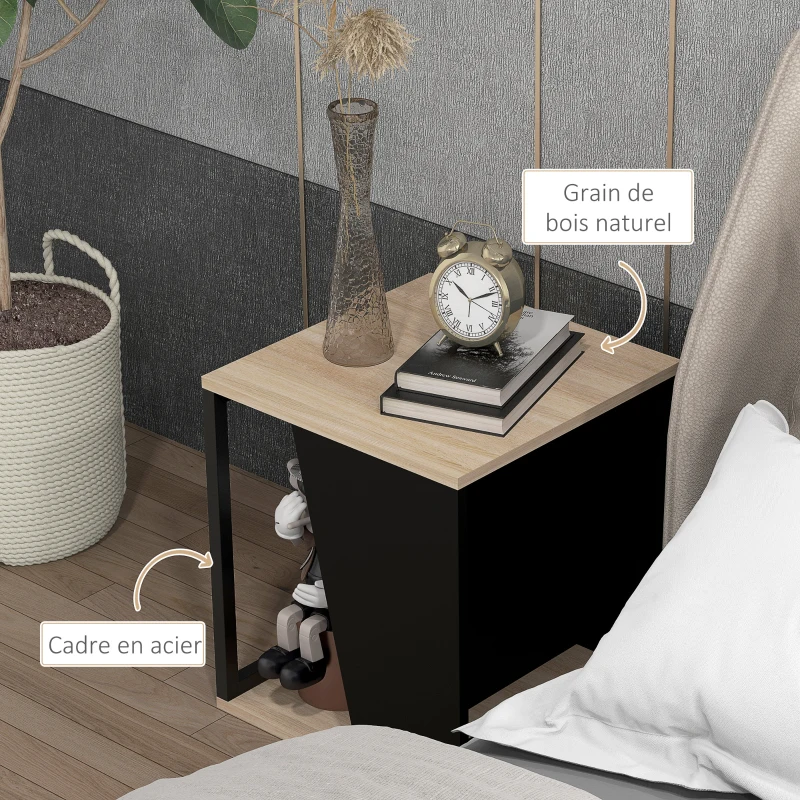 HOMCOM Lot de 2 tables d'appoint bout de canapé avec rangement structure en acier 40 x 40 x 45 cm noir et naturel