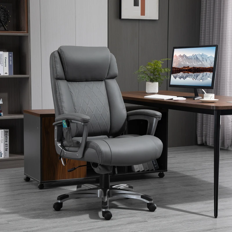 Vinsetto Massage-Bürostuhl 6-Punkt-Massage-Drehstuhl ergonomischer Stuhl Einstellbare aus Kunstleder mit gewölbter Kopfstütze und Armlehne Grau 70 x 76,5 x 114-124 cm