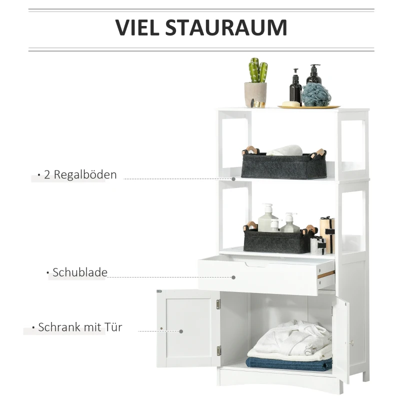 kleankin Badezimmer Midischrank Badezimmerschrank mit 2 offnenen Regalen Schublade Unterschrank Weiß 60 x 33 x 122,5 cm