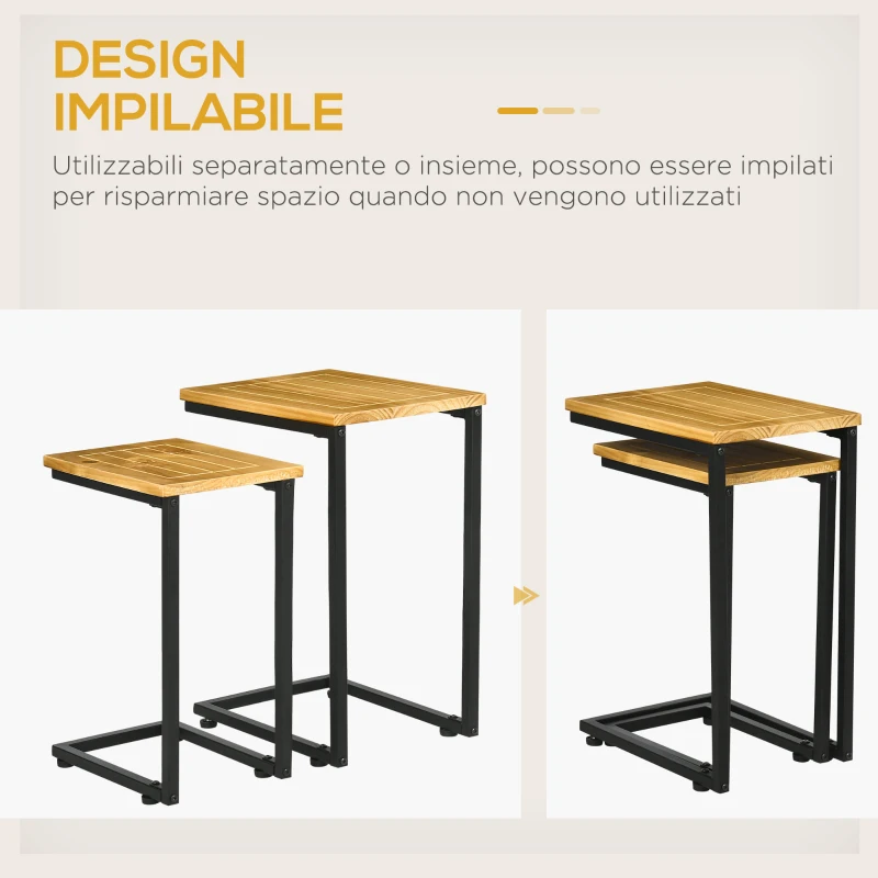 Outsunny Set 2 Tavolini da Giardino a C in Metallo e Legno di Pino con Design Impilabile, 40x30x60 cm