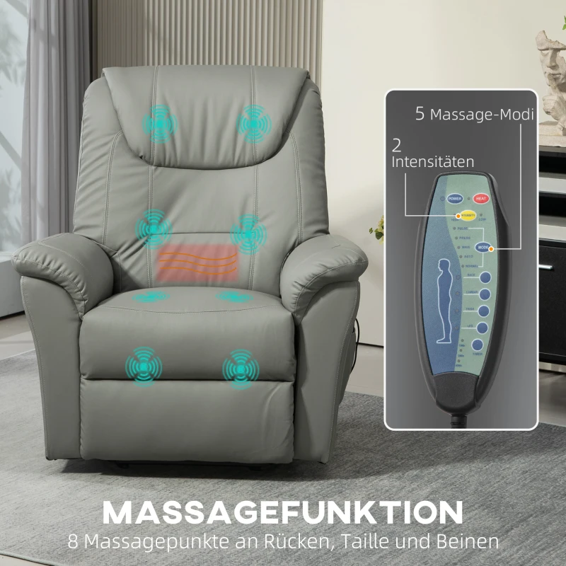 HOMCOM Relaxsessel mit Aufstehhilfe, Massage, Heizung, Kunstleder, 93x95x106 cm, Hellgrau