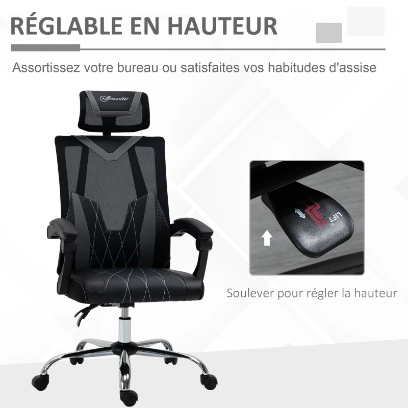Vinsetto Fauteuil de bureau pivotante 360° avec appui-tête et support lombaire - hauteur d'assise réglable 58 x 62,5 x 112-120 cm gris