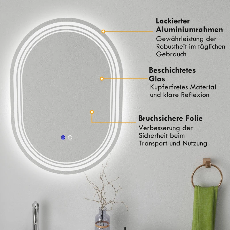 kleankin Badezimmerspiegel Badspiegel, Antibeschlagfunktion, LED-Lichter, 70 cm x 50 cm x 3 cm, Silber + Weiß