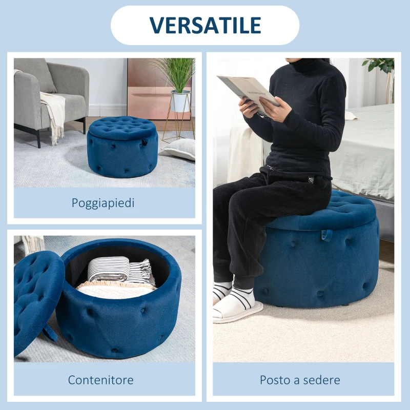 HOMCOM Pouf Poggiapiedi Rotondo con Vano Contenitore in Velluto Trapuntato, Ø60 x 40 cm, Blu Scuro