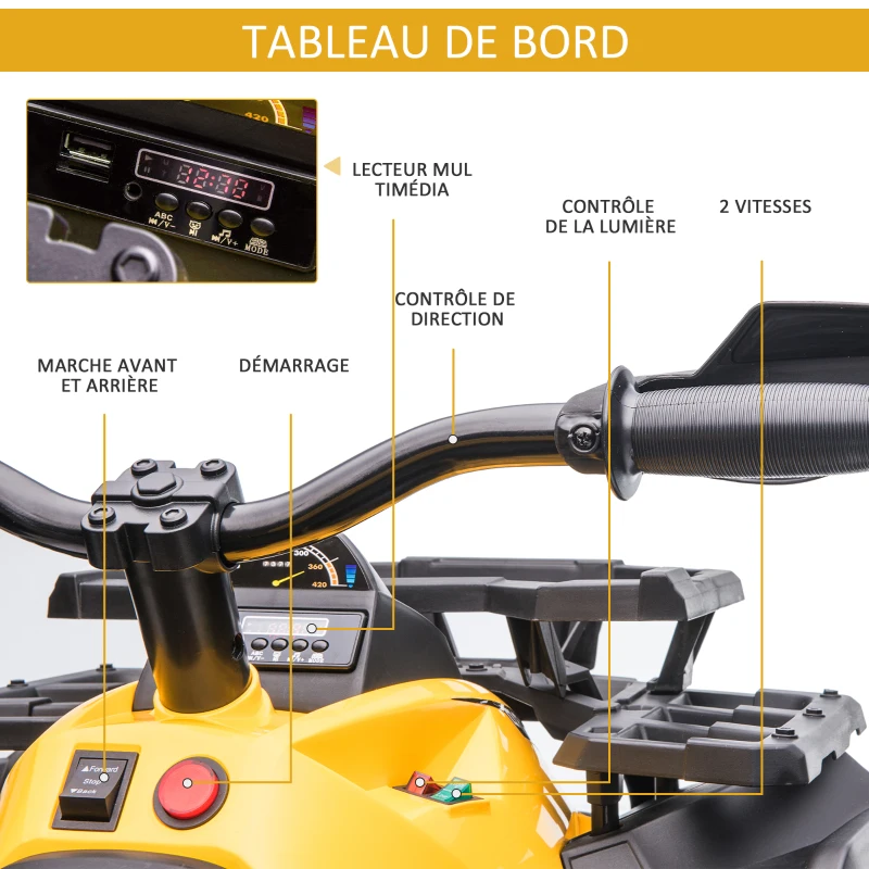 HOMCOM Quad Buggy électrique Enfant 12 V 8 Km/h Max. Voiture électrique Enfant avec Effets Lumineux sonores Selle avec Dossier Porte-Bagage Avant métal PP Jaune Noir(m-5)