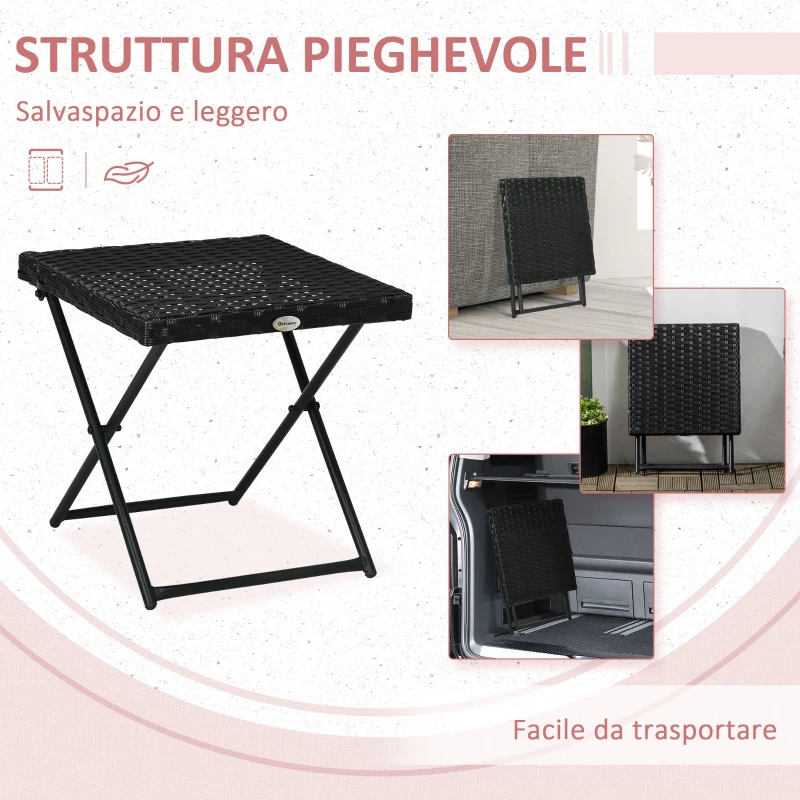 Outsunny Tavolino da Giardino Pieghevole Salvaspazio in Rattan Sintetico e Acciaio, 40x40x40cm, Nero