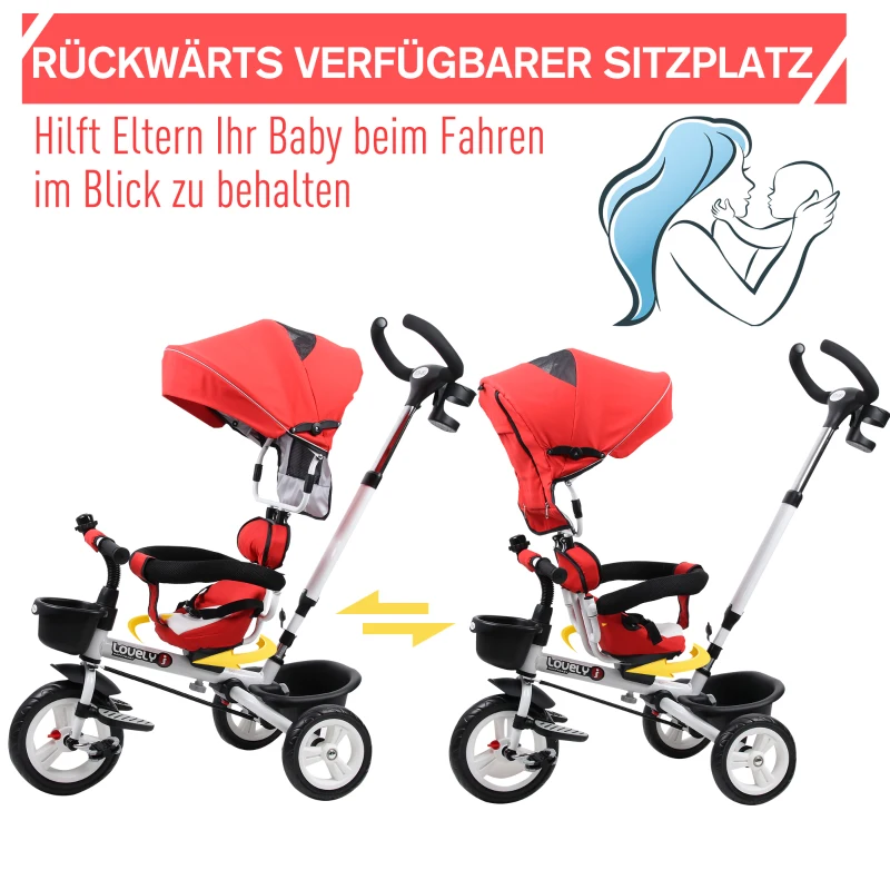 HOMCOM 4-in-1 Kinderdreirad, Kinder Fahrrad mit Sicherheitsgurt und Sonnendach, Dreirad, Kinderauto, Aluminium, Metall, Kunststoff, Rot, 118 x 53 x 105 cm