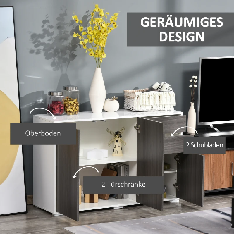 HOMCOM Standschrank Aufbewahrungsschrank Mehrzweckschrank Aktenschrank Kommode 2 Schublade 3 Türen E1 Spanplatte Hochglanz Weiß+Hellgrau 117 x 36 x 74 cm