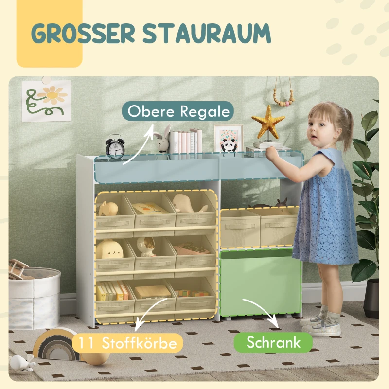 AIYAPLAY Kinder-Aufbewahrungsregal, Spielzeugschrank für Kinder mit 11 Stoffboxen, oberen Fächern, 3 Stickern, Weiß