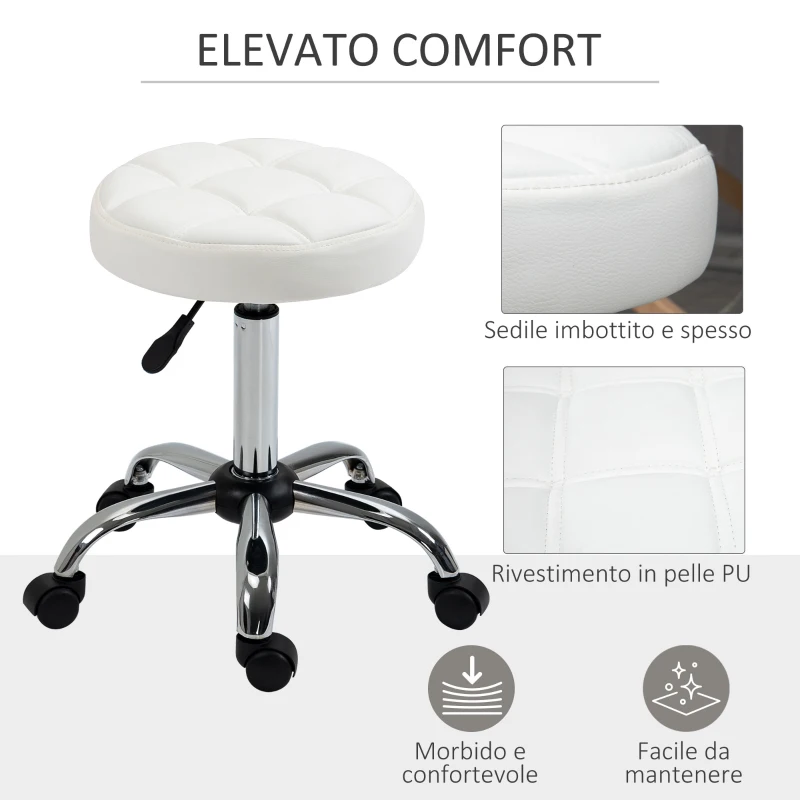 HOMCOM Sgabello Girevole Rotondo con Ruote, Altezza Regolabile e Rivestimento in Finta Pelle, Bianco