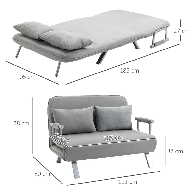 HOMCOM Canapé-lit 2 places, fauteuil convertible avec dossier réglable en 5 positions, chaise longue avec 2 coussins inclus, canapé en revêtement aspect suède déhoussable, 111x80x78cm, gris clair