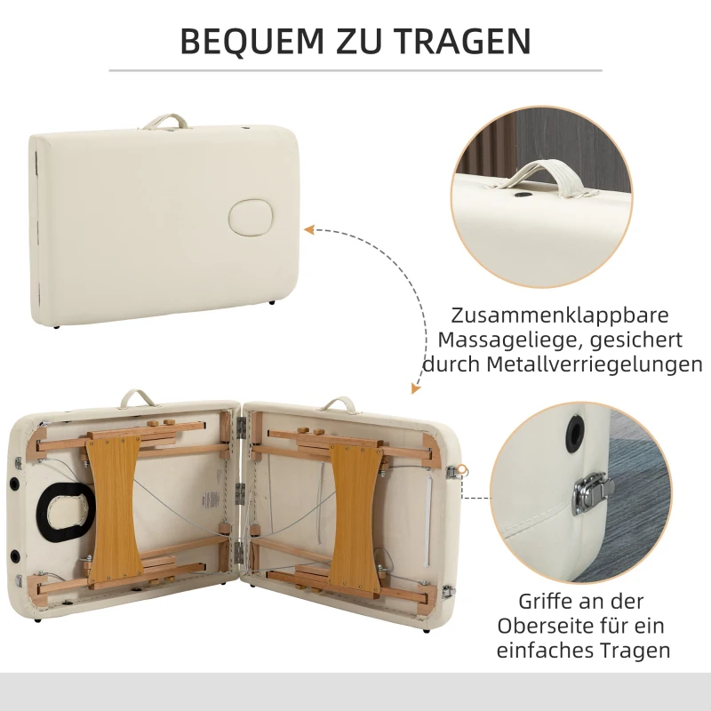 HOMCOM Massagetisch, klappbare Massageliege, höhenverstellbare Massagebank für Spa, Salon, Kunstleder, Holz, Cremeweiß(m-7)