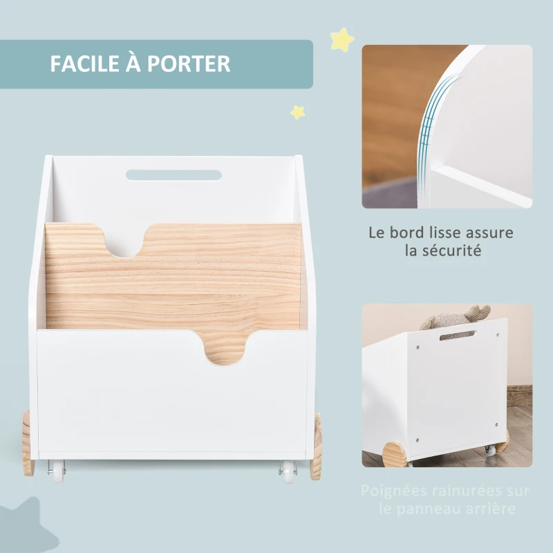 HOMCOM Coffre à jouet roulant - bac à jouet - chariot à jouet - 4 roulettes, 2 compartiments, poignée - dim. 40L x 43l x 43H cm - MDF blanc pin