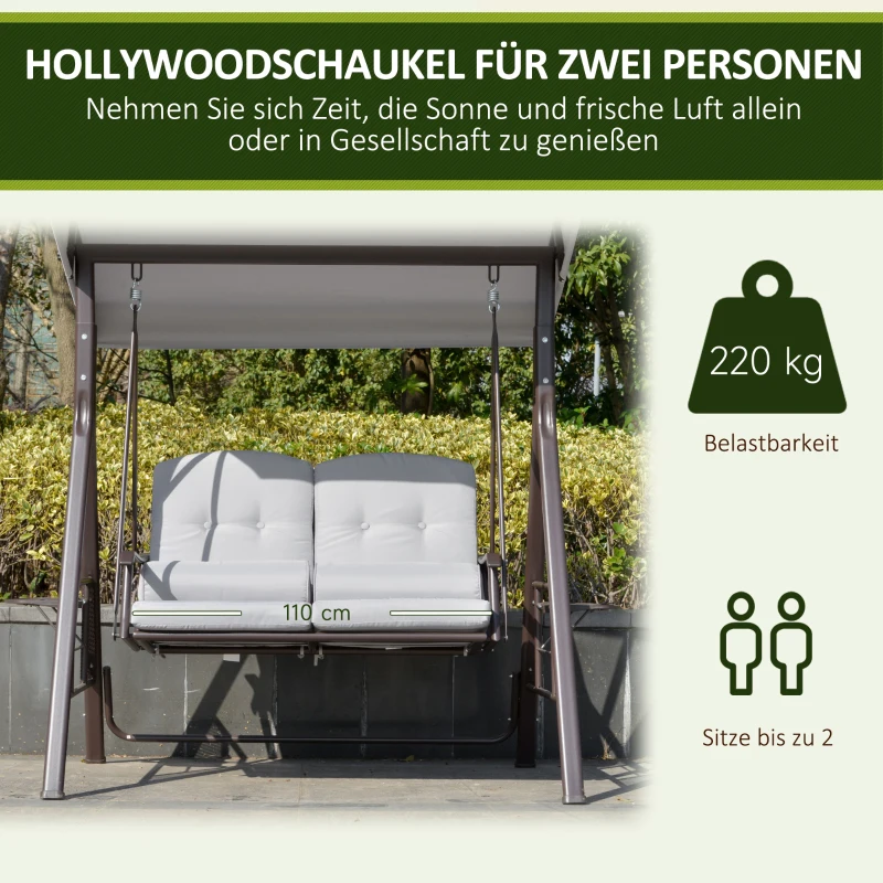 Outsunny 2-Sitzer Hollywoodschaukel Gartenschaukel mit Sonnendach Kissen Tablett Metall Polyester Grau 162 x 118 x 173 cm