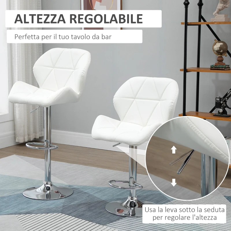 HOMCOM Set 2 Sgabelli da Bar con Altezza Regolabile, Base in Metallo e Seduta in Pelle PU, Sgabelli con Schienale e Poggiapiedi, 51.5x57.5x93-114.5cm, Bianco