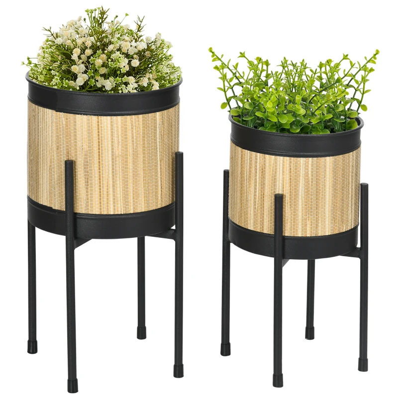 Outsunny Juego de 2 Soportes para Plantas de Metal Cubierta de Totora Maceteros para Salón Ø16x30 cm y Ø14x25,5 cm Negro