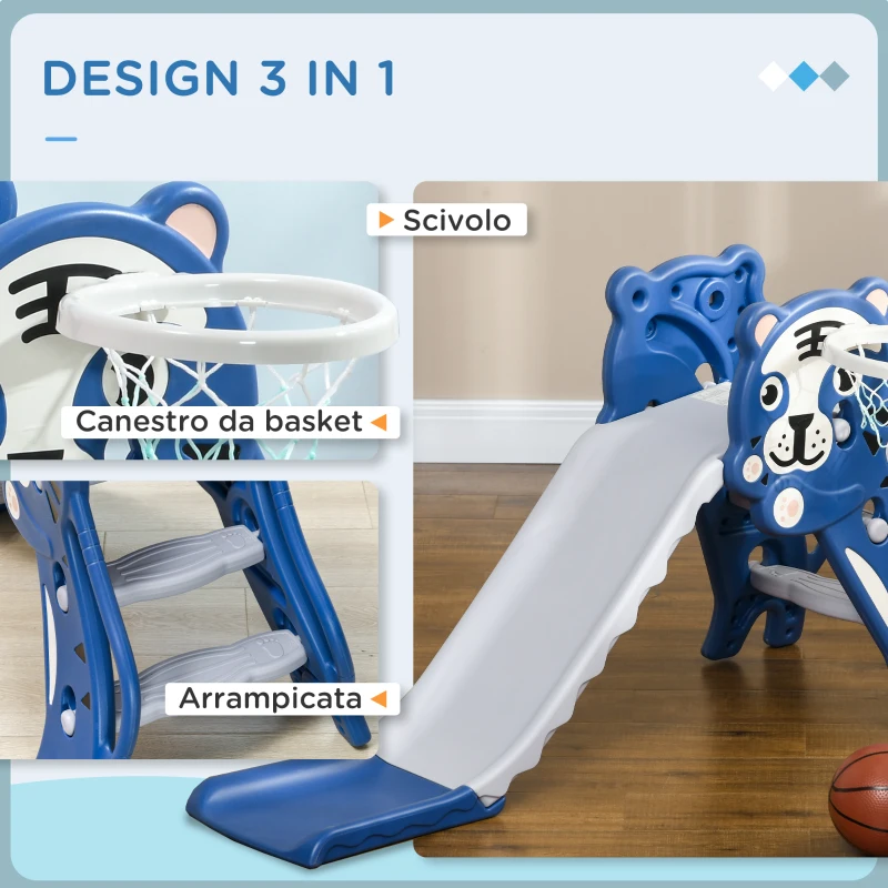 AIYAPLAY Scivolo per Bambini 18-36 Mesi con Canestro da Basket Laterale in PE, 133x60x70 cm, Blu e Grigio