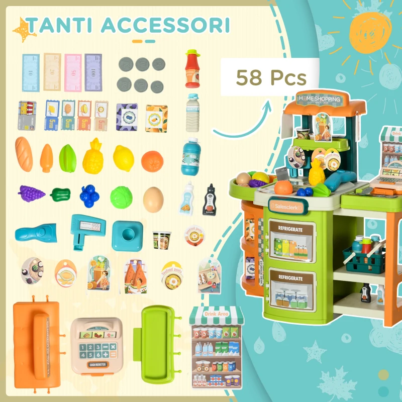 AIYAPLAY Supermercato Giocattolo per Bambini 3-6 Anni con Cassa e Accessori, Design Pieghevole a Trolley