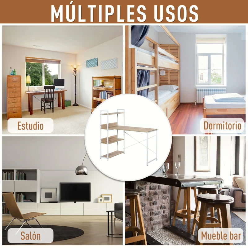 HOMCOM Mesa de Ordenador Multifuncional Escritorio Estilo Industrial Vintage con 4 Estantes para Despacho Casa Estudio 120x70x120 cm Blanco Roble