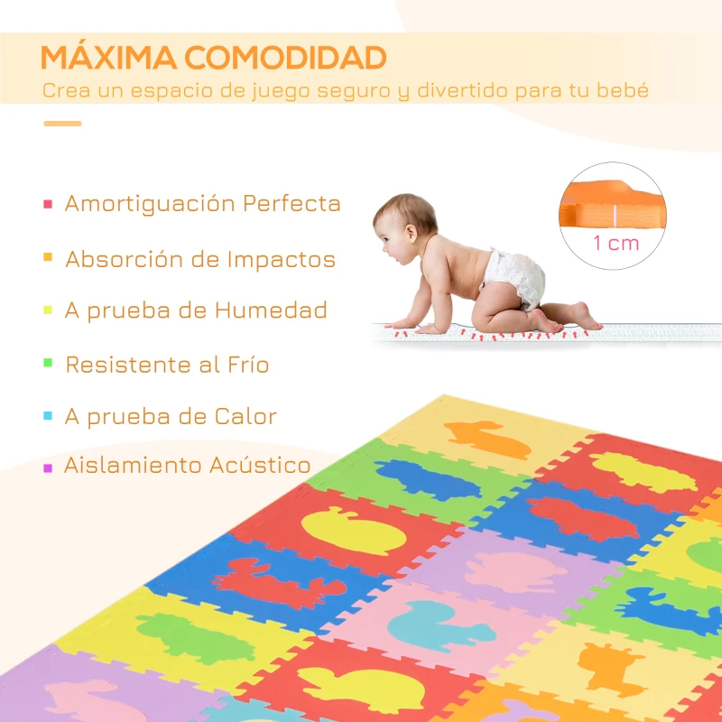 HOMCOM Alfombra Puzzle para Bebés 36 Piezas 31,5x31,5 cm Juego Rompecabezas Infantil Modelo de Animales Suelo de Espuma EVA Área de Cobertura 3,24 m² Multicolor
