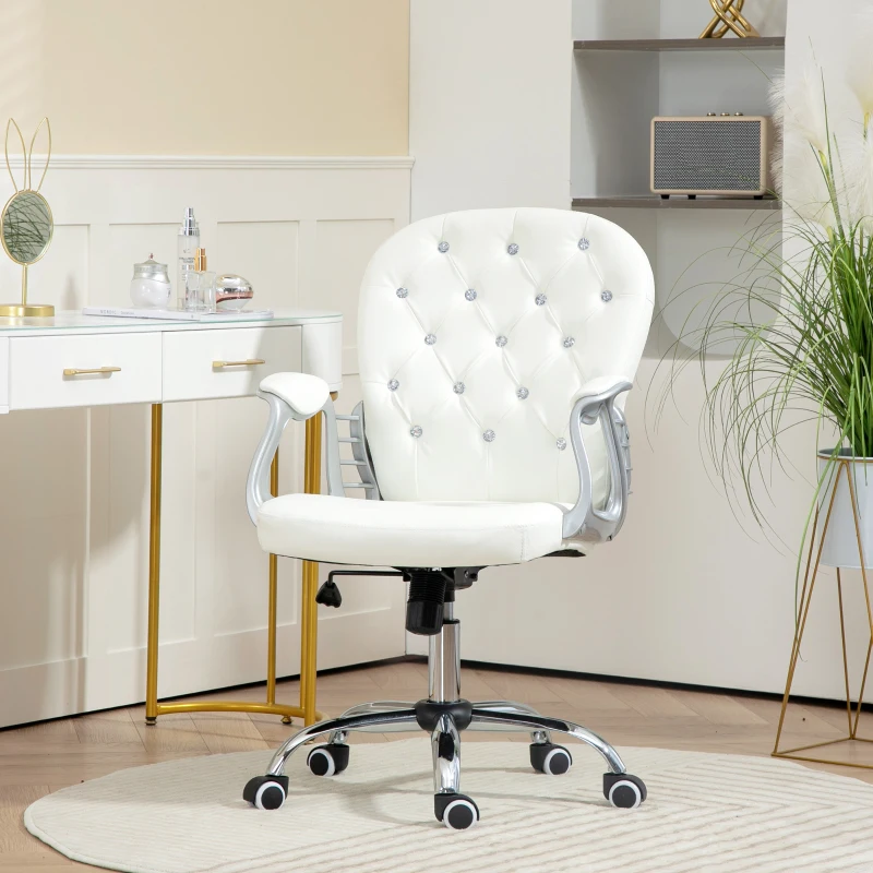 Vinsetto Office Chair Ergonomic 360° Swivel PU Diamante Padded Base 5 Castor Wheels for Home Work White