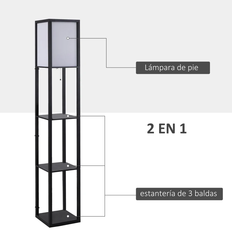HOMCOM Lámpara de Pie de Madera con 3 Estantes de Almacenaje para Bombilla E27 Potencia Máx. 40W Lámpara Moderna para Salón Dormitorio 26x26x160 cm Negro y Blanco