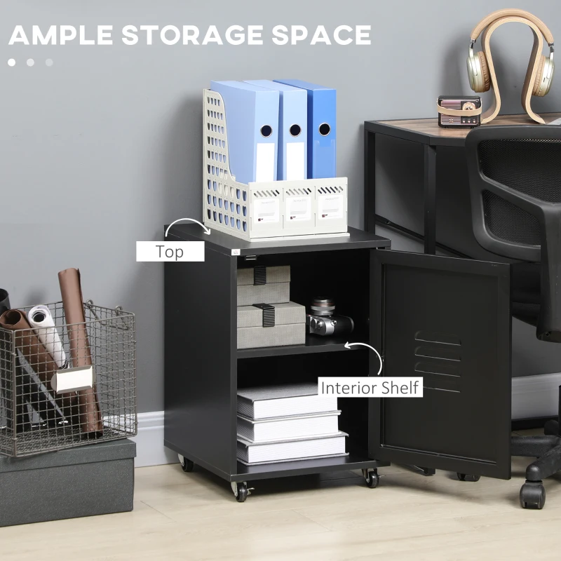 HOMCOM Rolling Metal Filing Cabinet, Industrial Mobile Storage Cabinet with Adjustable Shelf and Wheels for Home Office Living Room, Black