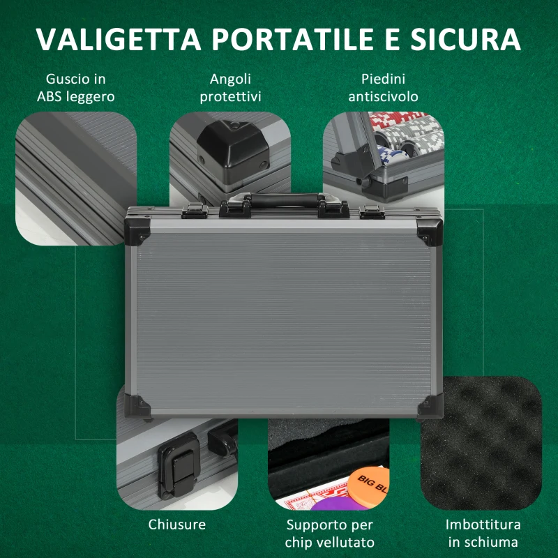 SPORTNOW Set da Poker per 10 Giocatori con 400 Fiches, 2 Mazzi di Carte, 5 Dadi, Tappetino e Valigetta Grigia