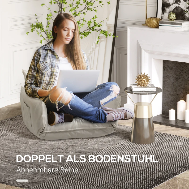 HOMCOM 2-in-1 Verstellbarer Loungesessel, Bodensessel mit Kissen, Polstersessel, für Wohnzimmer, Schlafzimmer, Cremeweiß
