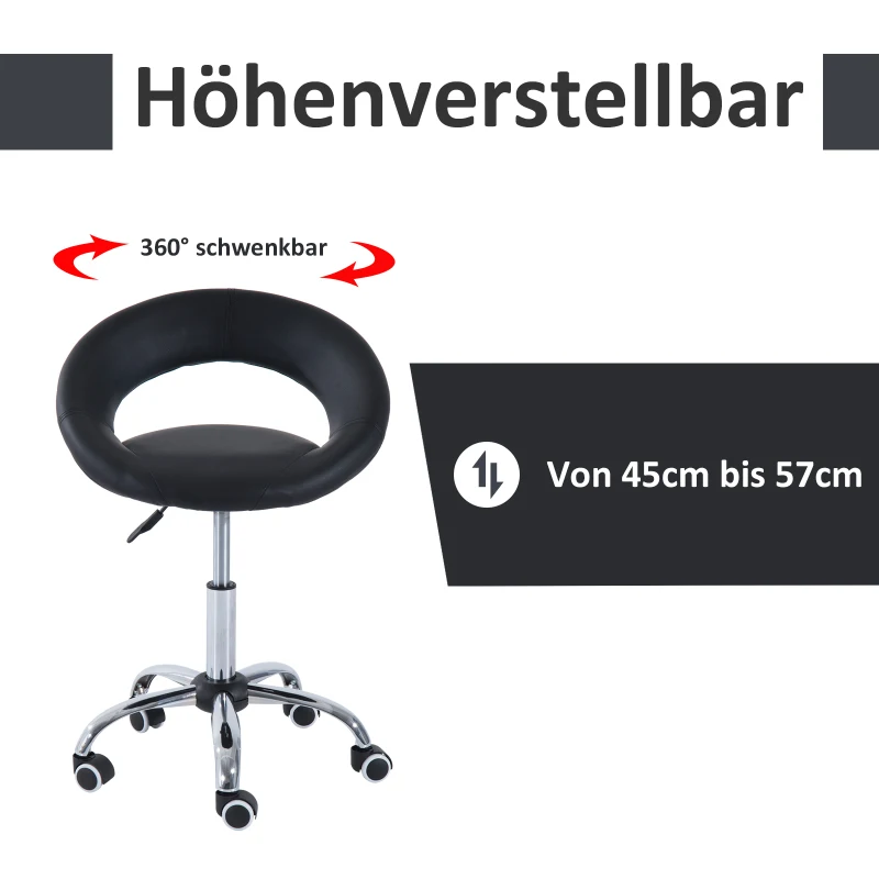 HOMCOM Rollhocker Arbeitshocker Drehhocker Bürostuhl höhenverstellbar, PU+Metall, Schwarz, 50 x 54 x (66-78) cm