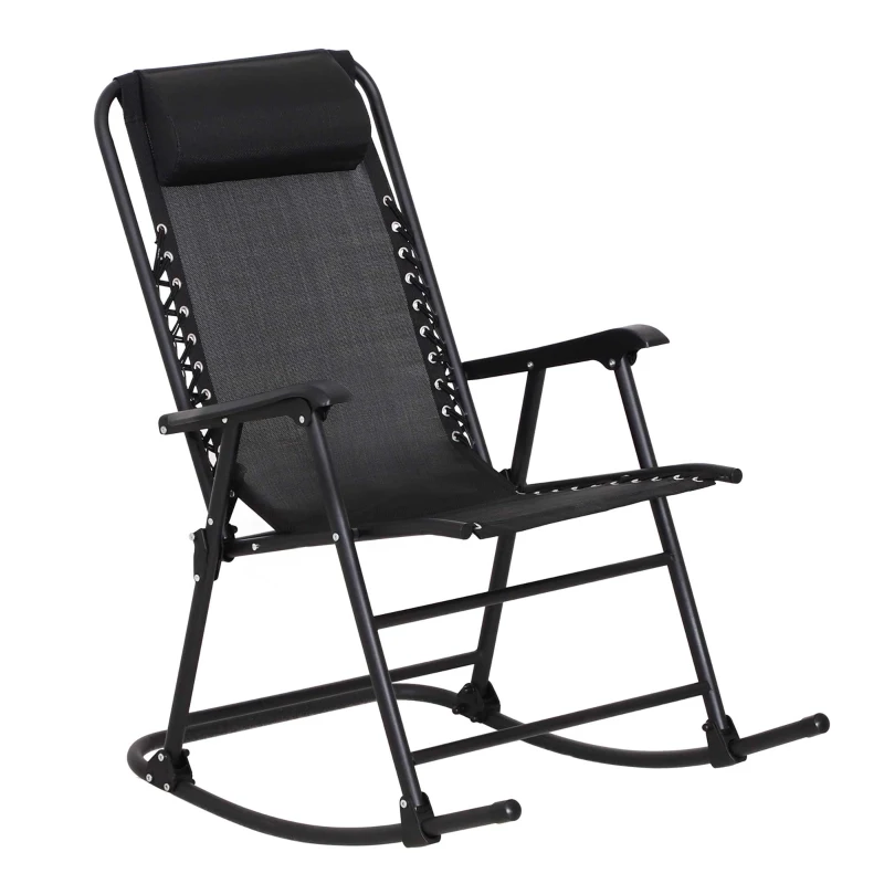 Outsunny Schaukelstuhl, Klappbare Schaukelliege, Gartenliege, Schwungliege, Schaukelsessel mit Kopfkissen, Stahl + Texteline, Schwarz bis 120 kg 90 x 64 x 110 cm