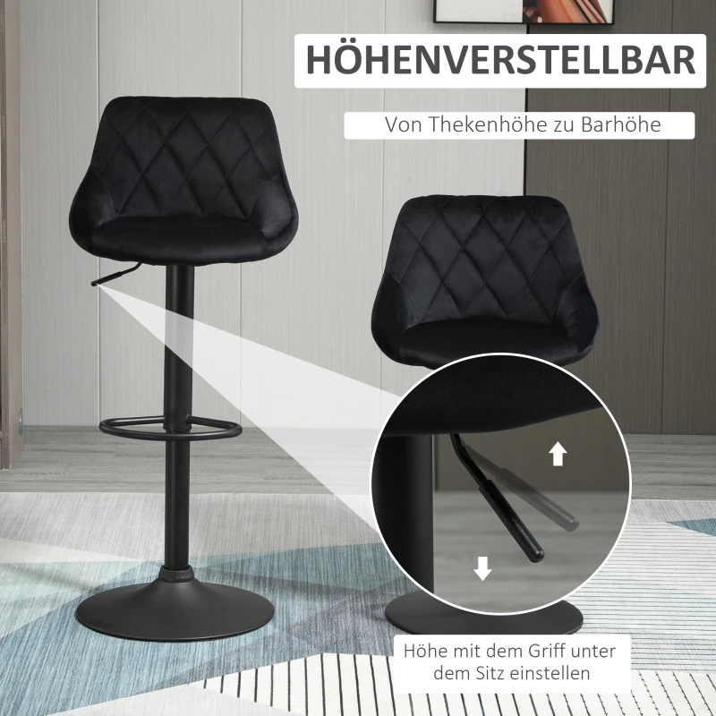 HOMCOM Barhocker 2er Set Höhenverstellbar Drehbar Barstühle mit Samtoptik Tresenhocker mit Rückenlehne mit Diamant-Tufting und Fußstütze für Bar, Theke, Esszimmer, Stahl Schwarz